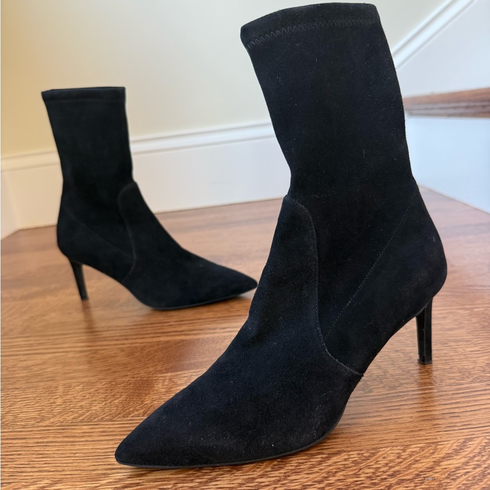 STUART WEITZMAN Suede Power Booties Boots Heeled Sock Pointed‎ Classic Black 5